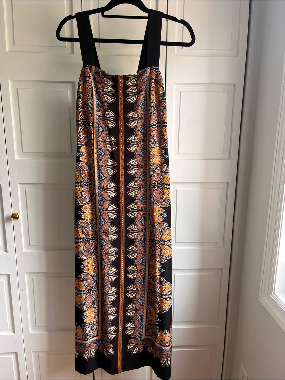Vince Camuto Black Maxi Dress with Orange and Cream Paisley Stripes